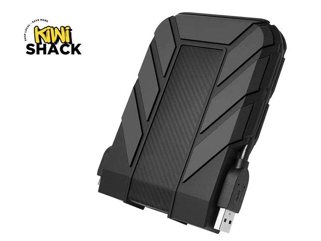 Black external hard drive with USB cable on a white background, featuring the Kiwi Shack logo.