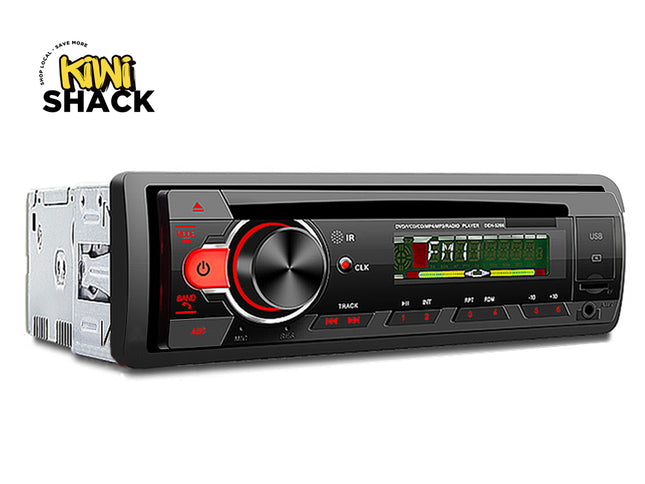 Car stereo system with control panel on a white background, featuring the Kiwi Shack logo.