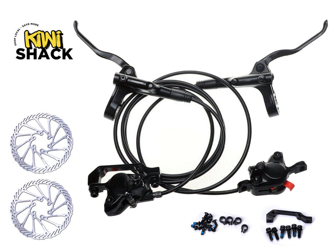 Bicycle brake levers and components on a white background with 'Kiwi Shack' branding.