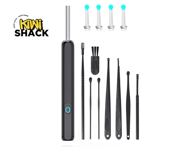 Black electronic device with various attachments on a white background, featuring the Kiwi Shack brand.