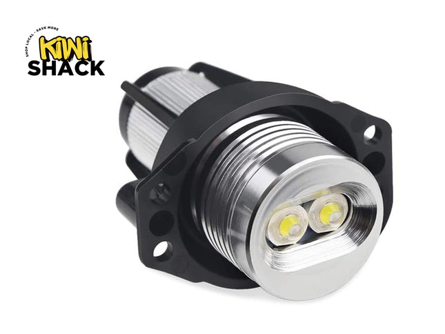 LED light bulb with metallic finish on a white background, featuring the Kiwi Shack logo.