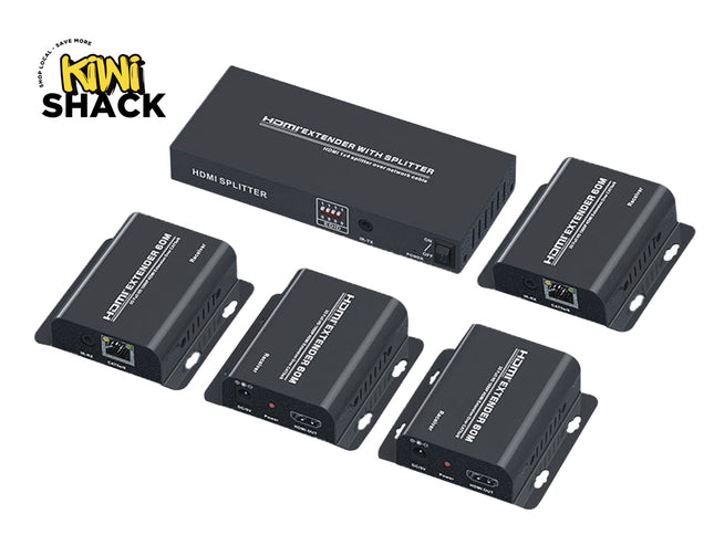 Set of HDMI extenders and splitters with Kiwi Shack logo on a white background