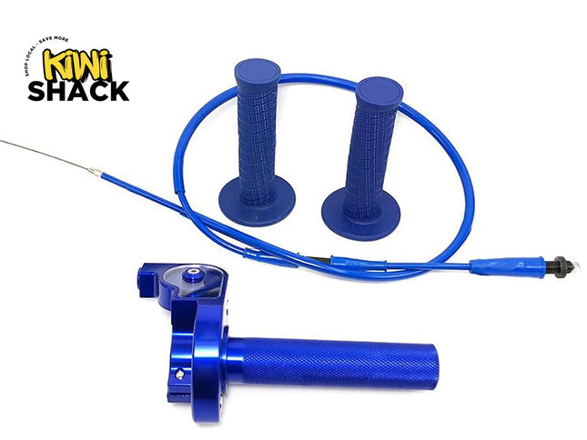 Blue motorcycle handlebar grips with throttle cable on a white background, branded 'Kiwi Shack'.