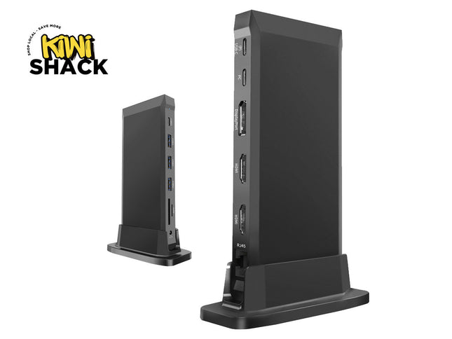 Black USB hub with multiple ports on a white background, featuring the Kiwi Shack logo.