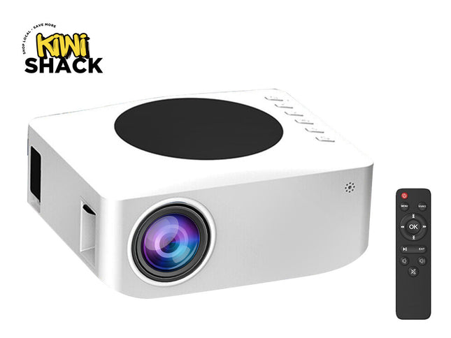 White projector with a remote control on a white background, featuring the Kiwi Shack brand.