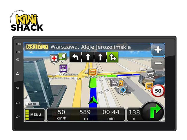 Car navigation system with map display on a white background, featuring the Kiwi Shack logo.