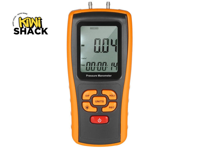 Pressure manometer with digital display on a white background, branded with Kiwi Shack.