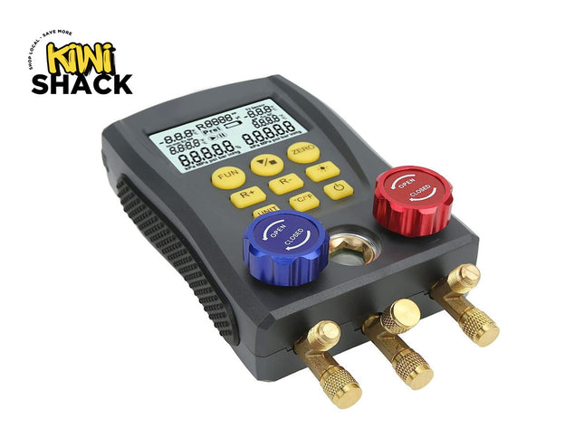 Kiwi Shack HVAC diagnostic tool with digital display and multiple ports on a white background