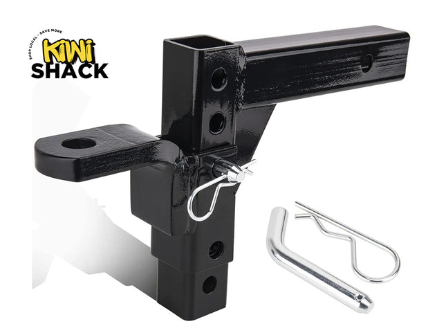 Black towing hitch with a key on a white background, featuring the Kiwi Shack logo.
