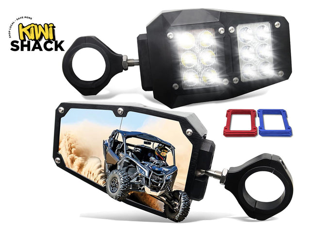 Two off-road vehicle lights with a Kiwi Shack logo on a white background