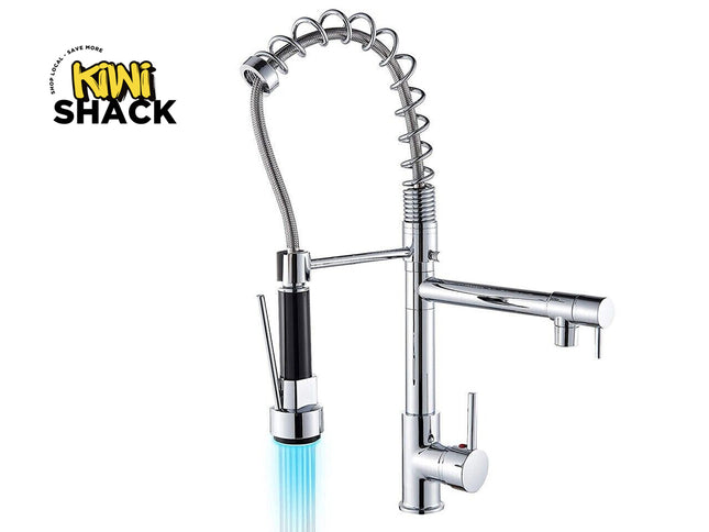 Chrome kitchen faucet with LED indicator light on a white background, featuring the Kiwi Shack brand.