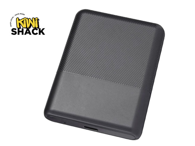 Black rectangular object with textured surface on a white background, featuring Kiwi Shack logo.