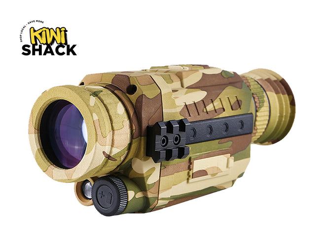Camouflage binoculars with Kiwi Shack logo on a white background