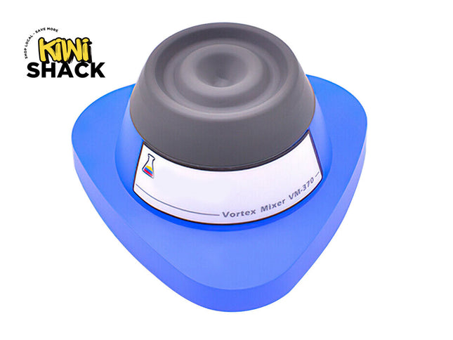Vortex mixer with gray top and blue base on a white background, featuring Kiwi Shack logo.