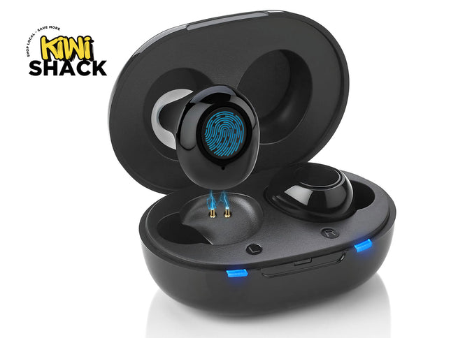 Black wireless earbuds with charging case on a white background, featuring the Kiwi Shack logo.