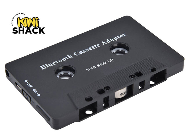 Black cassette tape with Bluetooth adapter labeled 'Kiwi Shack' on a white background
