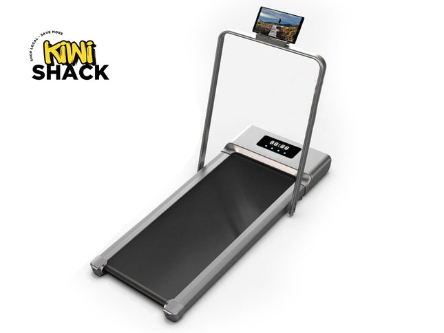 Portable treadmill with a screen on a white background, featuring the Kiwi Shack brand.