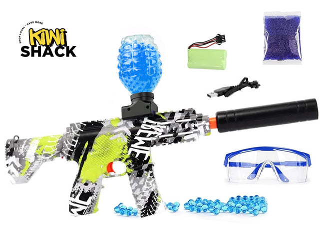 Toy gun with blue gel balls, safety goggles, and accessories on a white background with 'Kiwi Shack' branding.