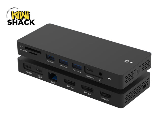 Black multi-port USB hub with multiple ports on a white background, featuring the Kiwi Shack logo.