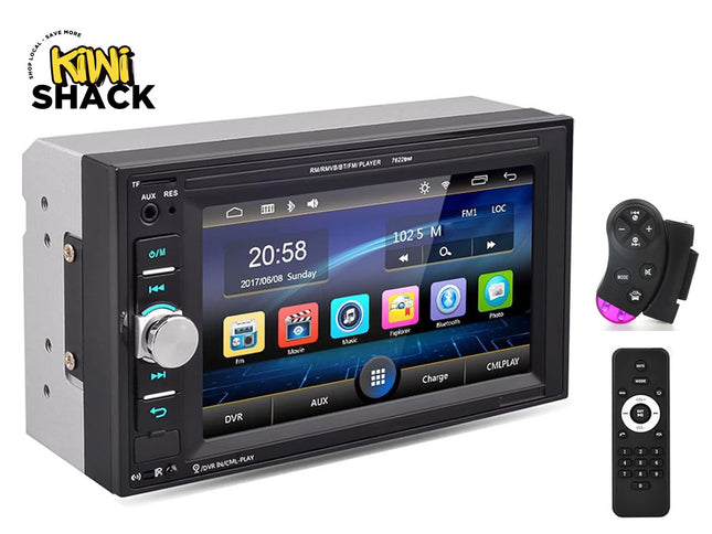 Car multimedia player with touchscreen display, remote controls, and Kiwi Shack logo.