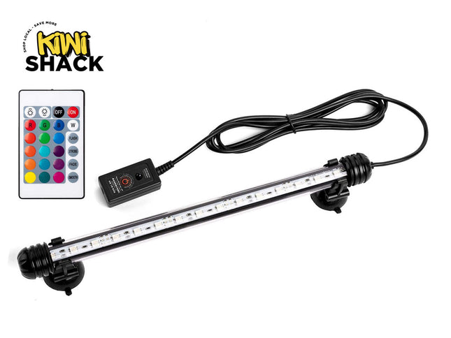 LED light strip with remote control on a white background, featuring the Kiwi Shack brand.