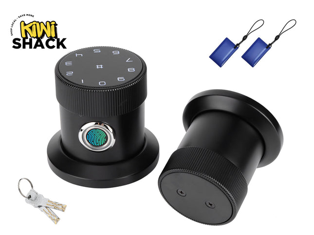 Black electronic lock with fingerprint sensor and key fobs on a white background, featuring Kiwi Shack branding.