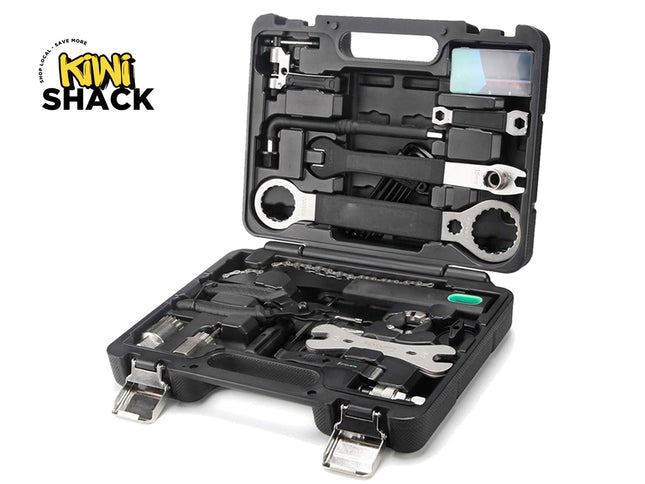 Black tool kit with various tools inside, branded 'Kiwi Shack'.