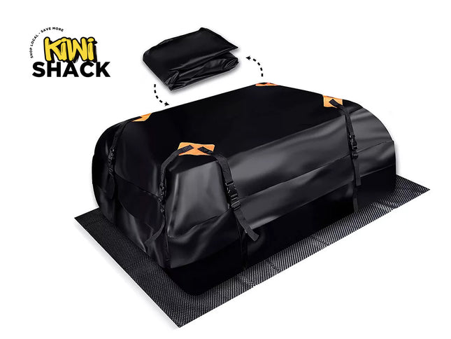 Black duffel bag with orange straps on a white background, featuring the Kiwi Shack logo.