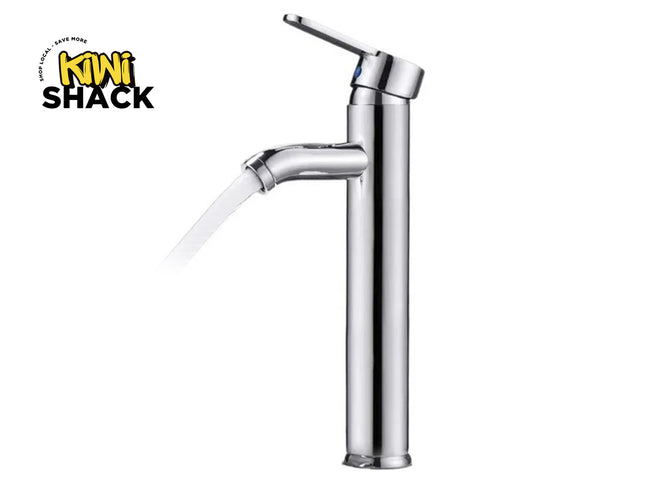 Chrome faucet with water flowing on a white background, featuring the Kiwi Shack logo.