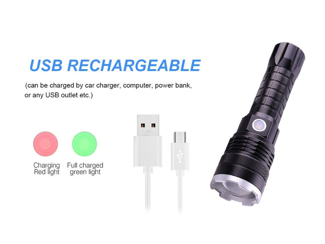 USB rechargeable flashlight with charging cable and indicator lights on a white background