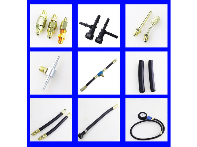 Collection of automotive parts on a blue grid background