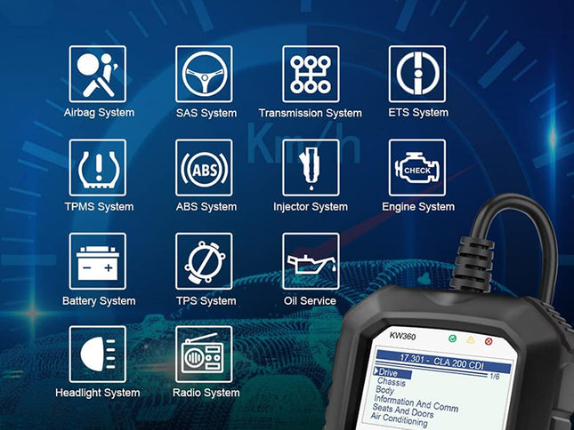 Car diagnostic tool with system icons on a blue background