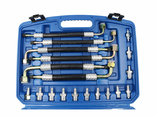 Set of automotive tools in a blue case on a white background