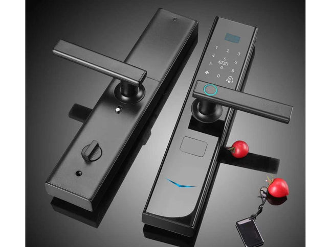 Digital door lock with keychain on a reflective surface