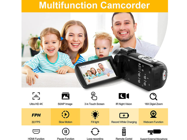 Multifunction camcorder with family photo on screen and feature icons below