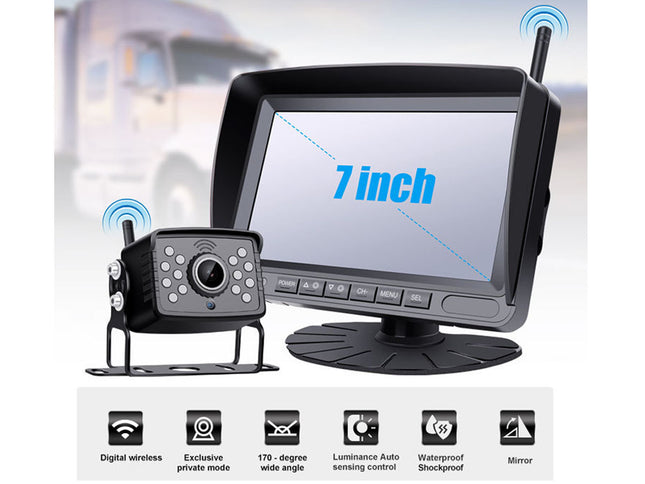 7-inch monitor with wireless camera on a blurred truck background