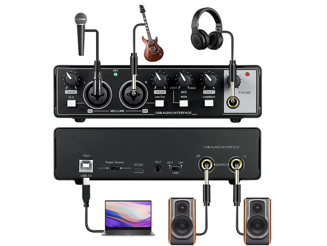 USB audio interface with microphone, guitar, and headphones attached, connected to a laptop and speakers on a white background.