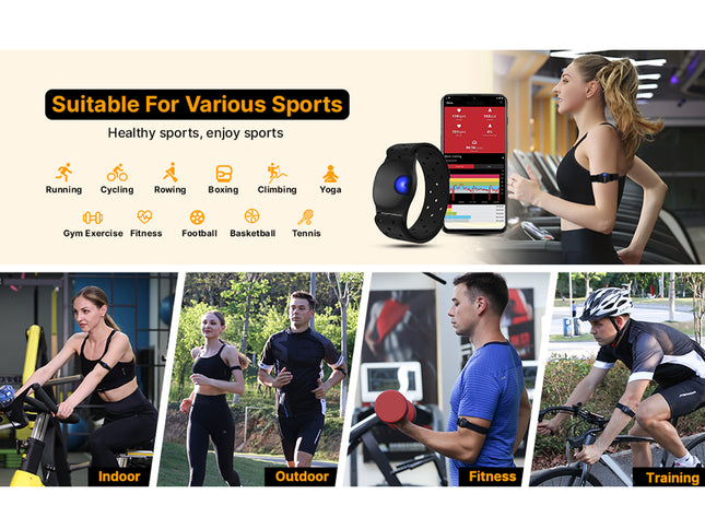 Smartwatch with app interface, people exercising, and text 'Suitable For Various Sports' on a promotional graphic.