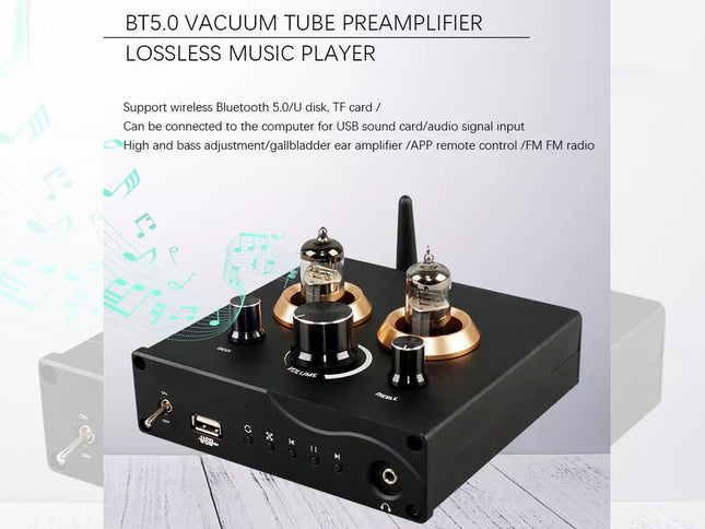 50W x2 Tube Amplifier & Preamplifier - HiFi with Bluetooth & App | 6J4 Vacuum Tubes, USB/RCA/AUX/TF Input, Bass & Treble Control