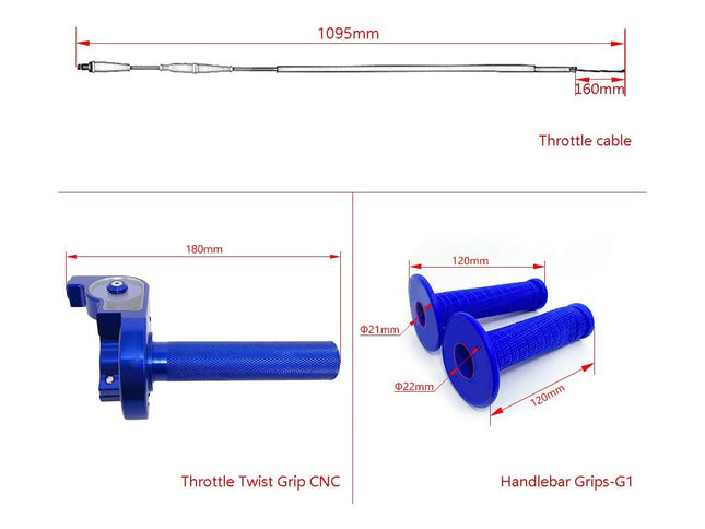 Technical drawing of throttle twist grip and handlebar grips with measurements on a white background