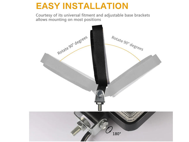 Ceiling fan with adjustable base brackets and text about easy installation.
