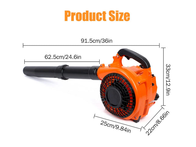 Orange and black leaf blower with dimensions labeled on a white background