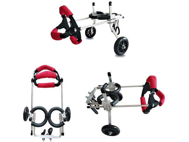 Multiple views of a golf trolley with red handles on a white background