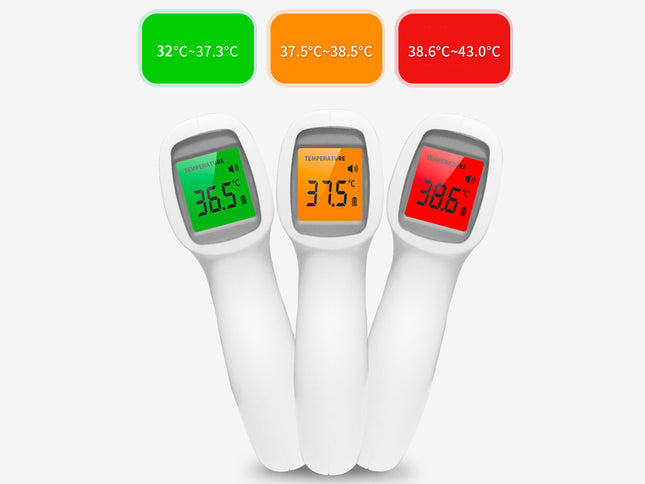 Three infrared temperature measurement devices with digital displays and color-coded temperature ranges.