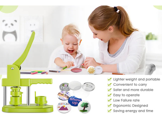 Woman and child playing with a green machine, surrounded by product features on a white background.