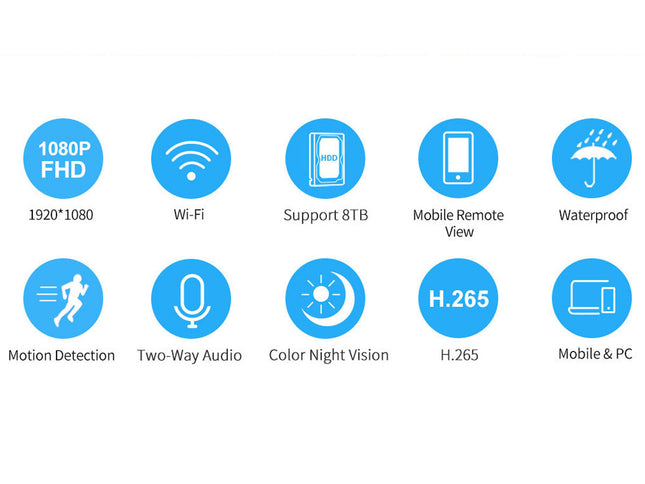 Set of icons representing features of a security camera system on a white background