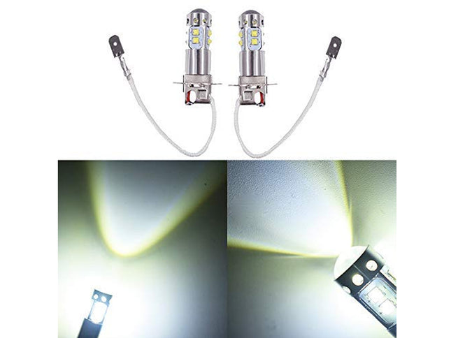 Two car light bulbs with close-up images showing light output on a white background.