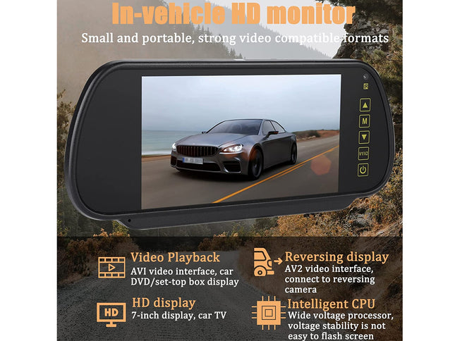 In-vehicle HD monitor displaying a car on a road with scenic background