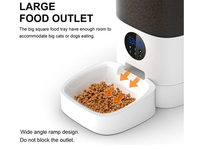 Pet feeder with large food outlet and digital display on a white background