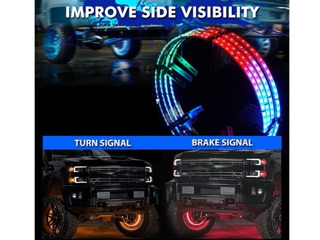 LED wheel rim lights with turn signal and brake light functions on a vehicle.